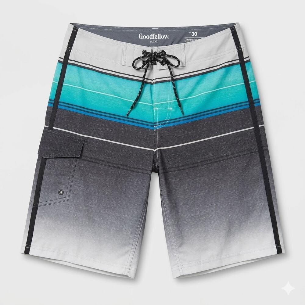 GOODFELLOW & CO Mens Size 30 Board Shorts Blue Green Black Ombre Striped Swim